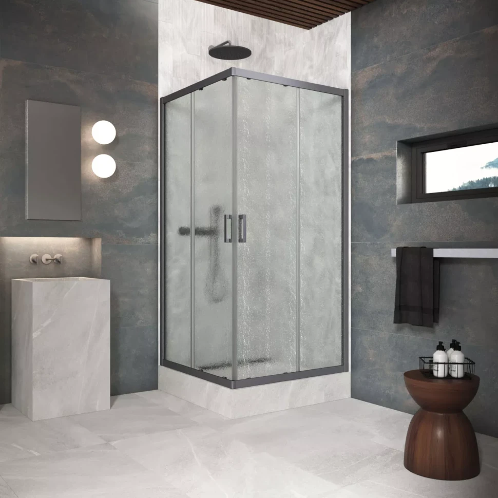 Угловые ограждения с раздвижными дверями ZA Protec 90x90 Тёмная оружейная сталь (GunMetal)