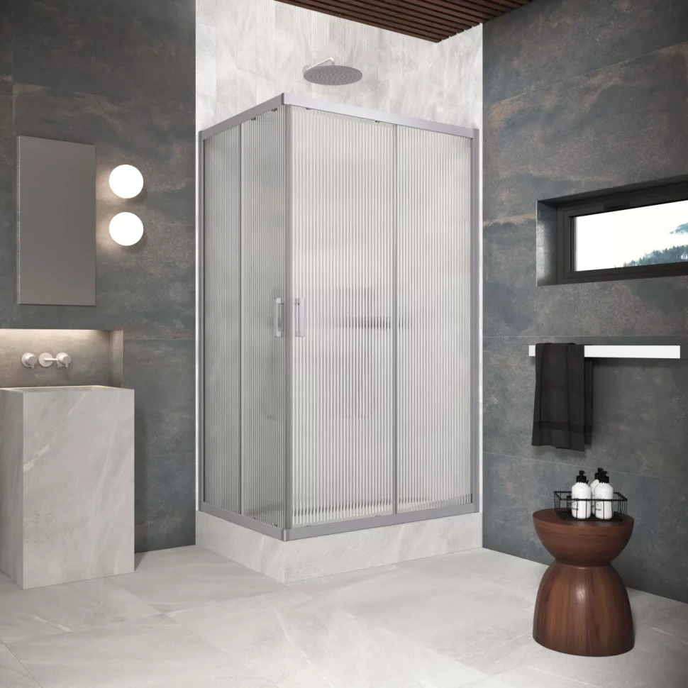 Угловые ограждения с раздвижными дверями ZA-F Protec 85x80 матовый хром