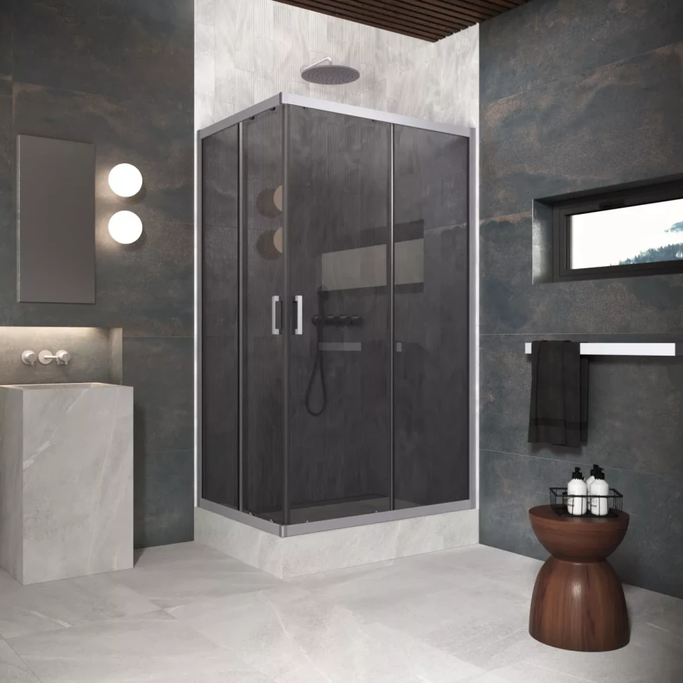 Угловые ограждения с раздвижными дверями ZA-F Protec 95x70 матовый хром