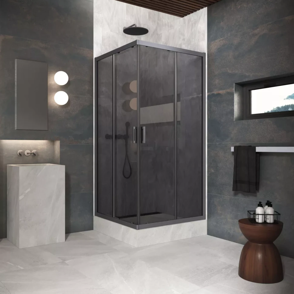 Угловые ограждения с раздвижными дверями ZA Protec 120x120 Тёмная оружейная сталь (GunMetal)